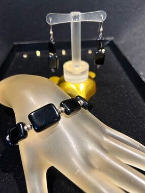 Black Glass Tile Bracelet with Matching Earrings - Women Jewelry